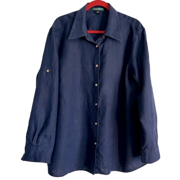 Lauren Ralph Lauren Tops - LAUREN Ralph Lauren Navy Blue 100% Linen Blouse Size 3X Plus Sized Curvy Girl